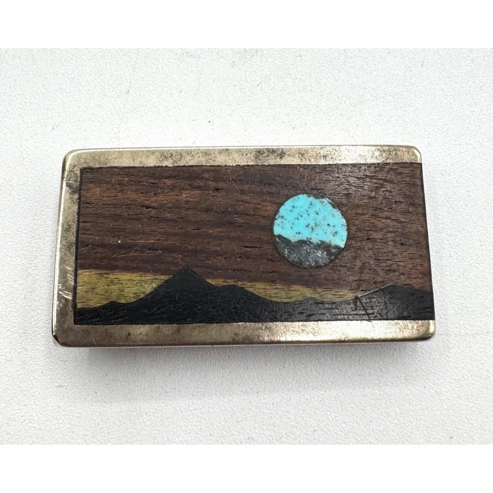Vintage 1983 Sky West Turquoise Wood Inlay Mountain Landscape Money Clip Mens